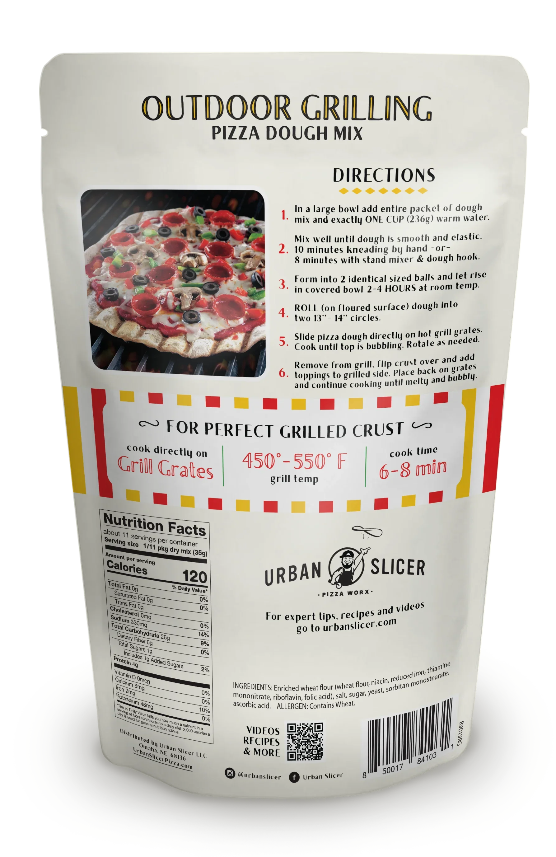Outdoor grilling pizza dough mix package with grilling instructions and nutrition facts.