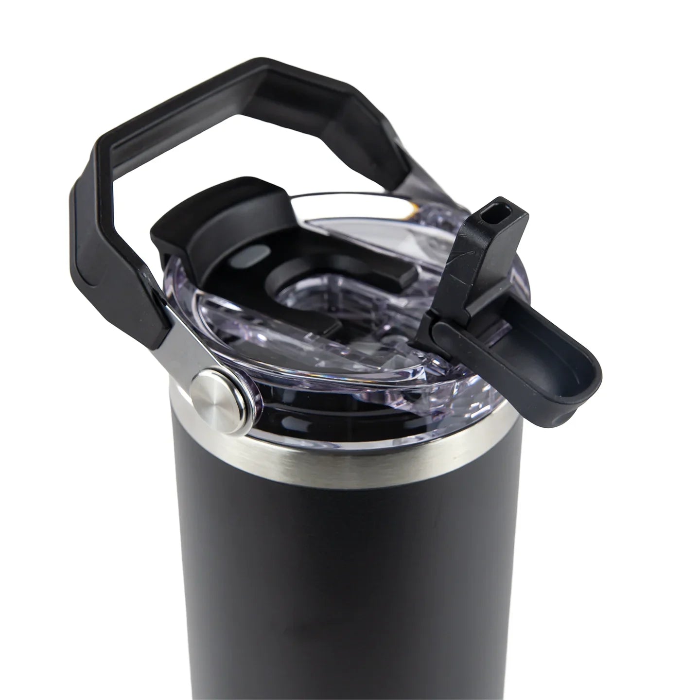 Black stainless steel insulated travel mug with flip-top lid and sturdy carry handle