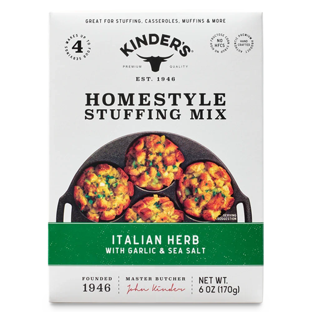 Box of Italian Herb homestyle stuffing mix with garlic and sea salt, muffin pan image