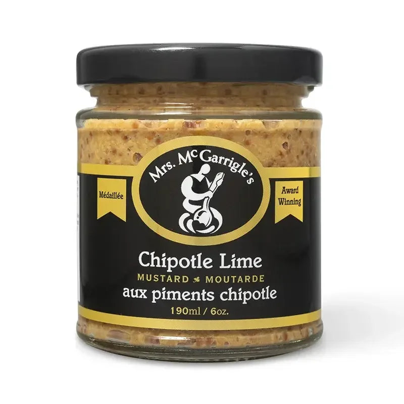Mrs. McGarrigle's Chipotle Lime mustard jar with black lid, 190ml size, award-winning label