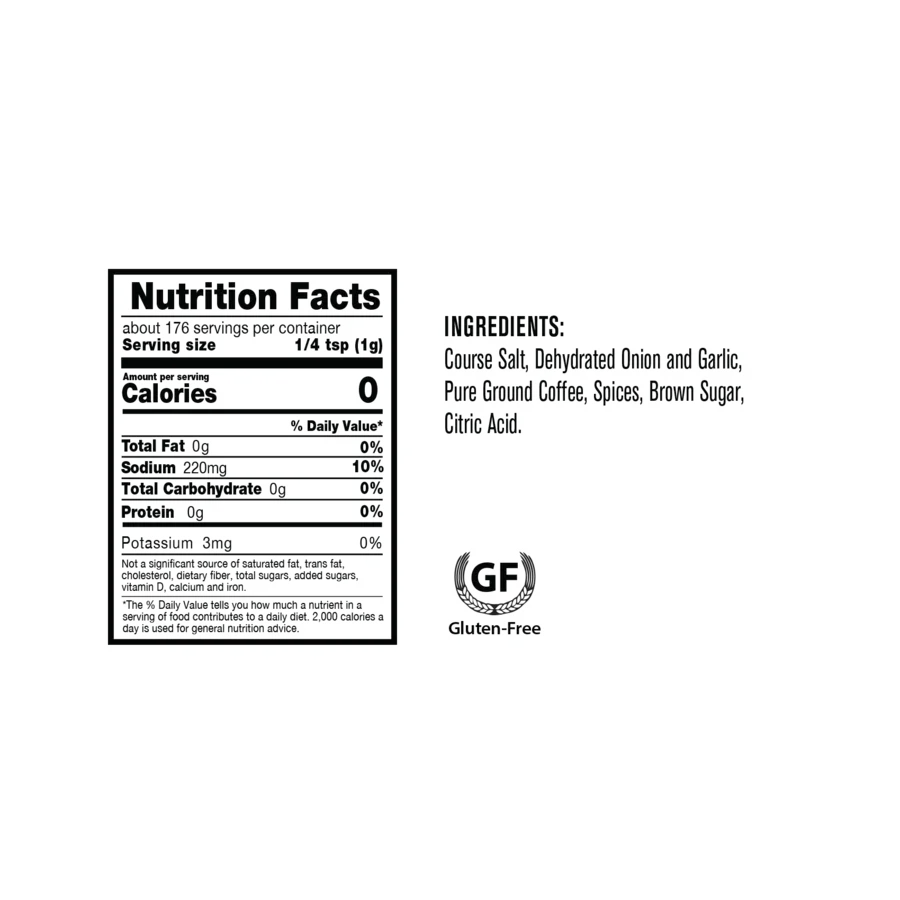 Nutrition facts and ingredients label for gluten-free seasoning blend with salt, spices, coffee, onion, garlic.