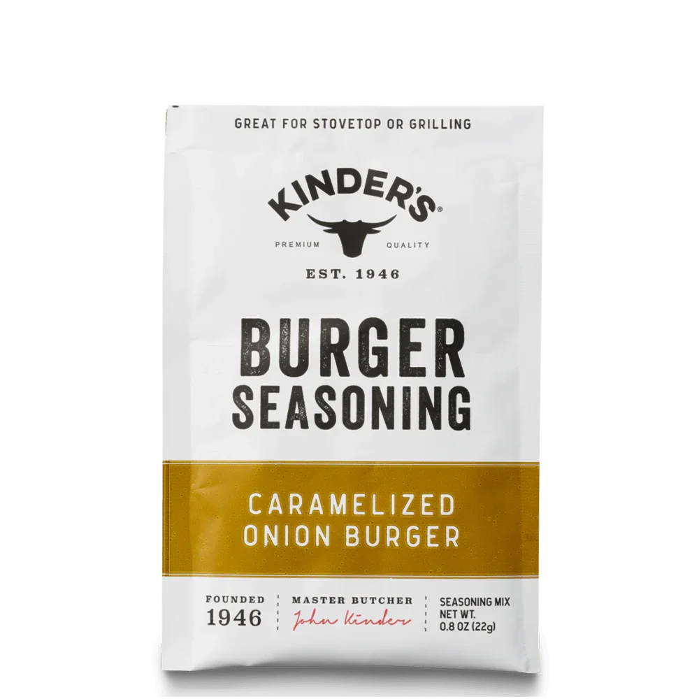 Caramelized onion burger seasoning packet for grilling or stovetop use