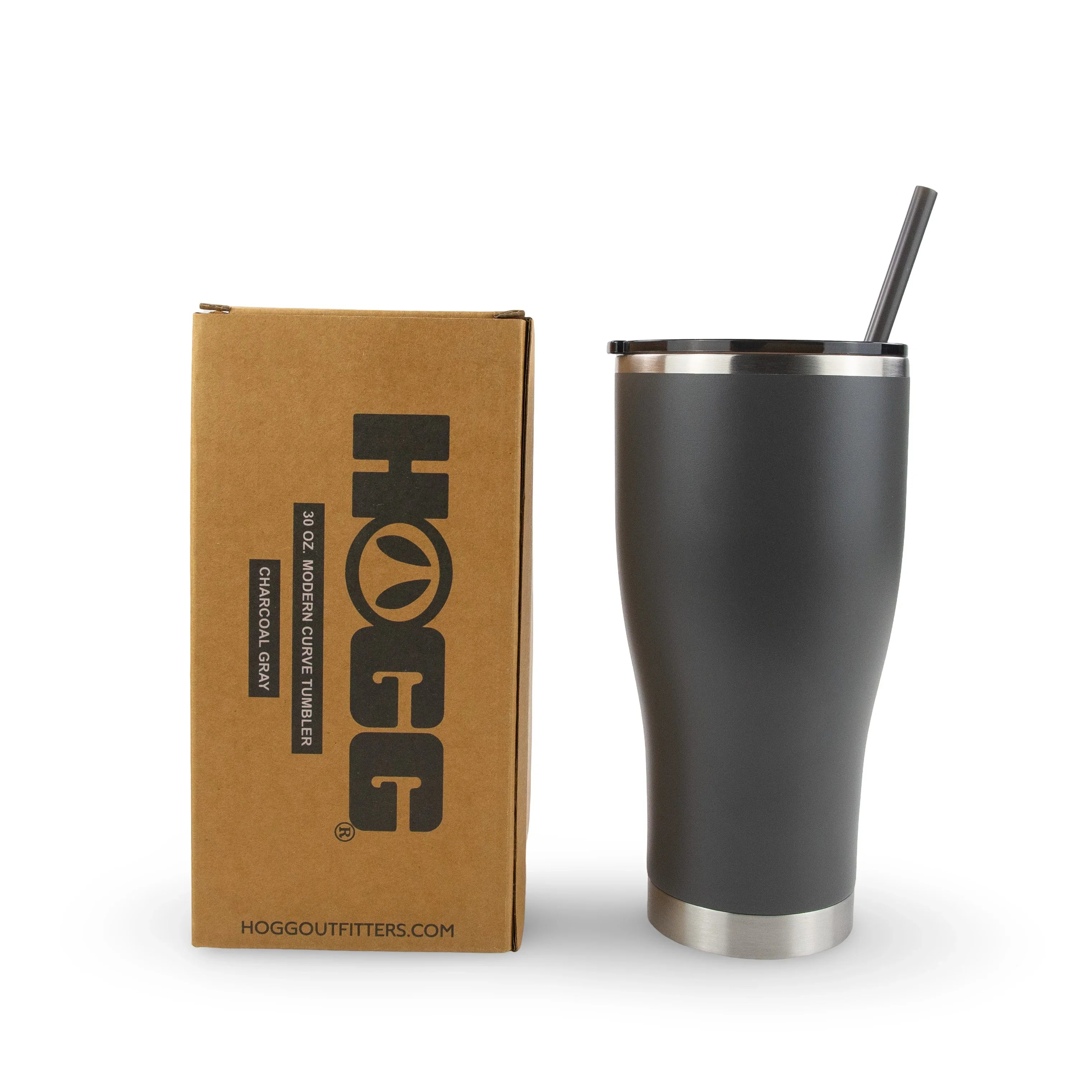 Charcoal gray 30 oz stainless steel tumbler with straw next to product box