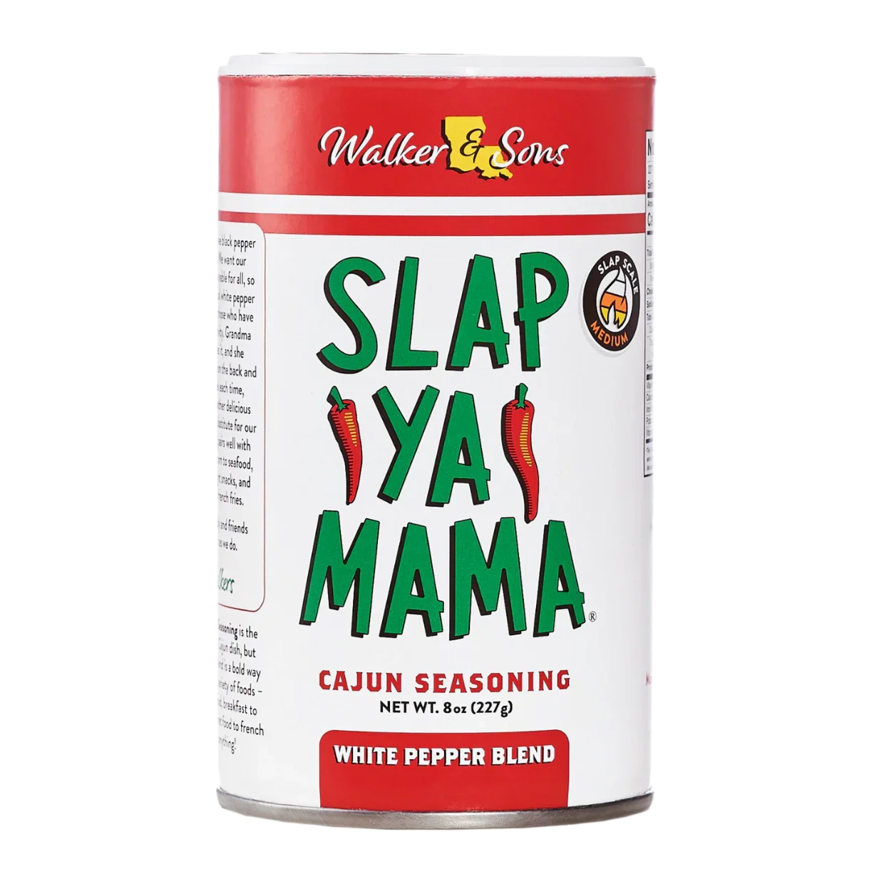 Slap Ya Mama Cajun seasoning white pepper blend can, 8oz, with red and green label, chili peppers