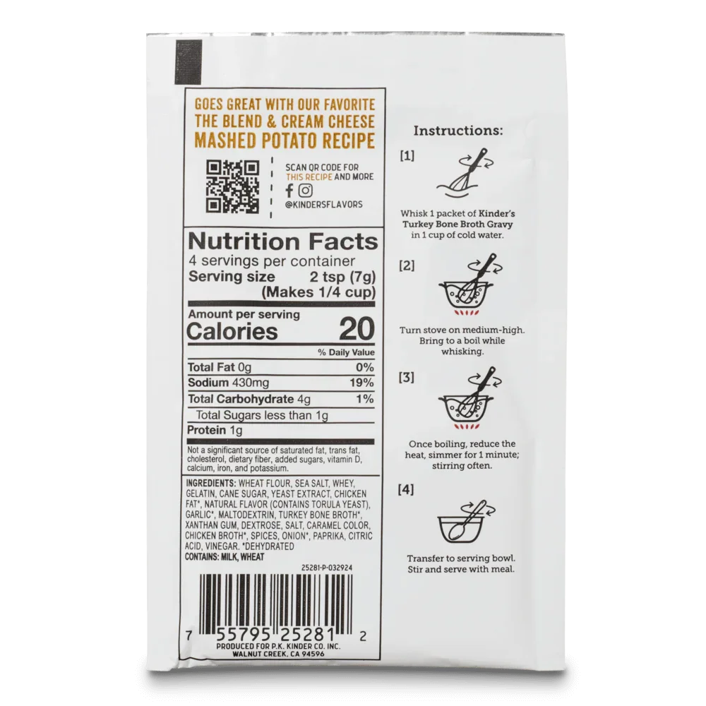 Back of turkey bone broth gravy mix packet with nutrition facts and preparation instructions.