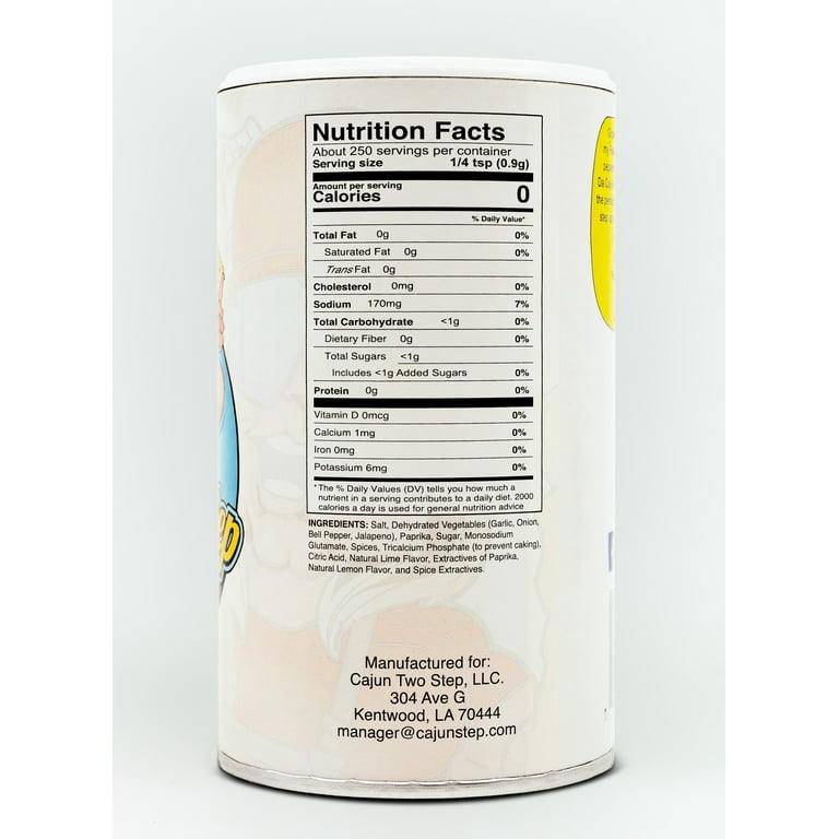 Back of spice seasoning container showing nutrition facts, ingredients, and manufacturer details.