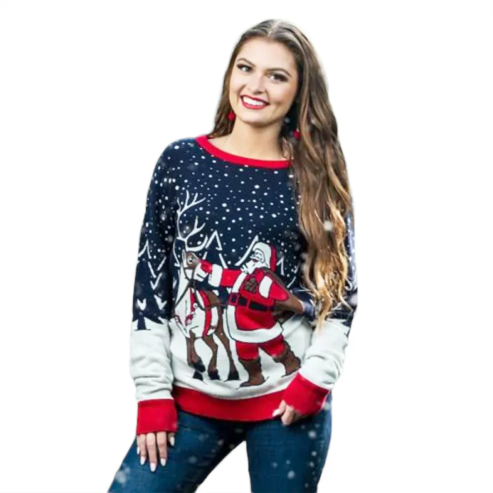 Woman in Christmas sweater with Santa and reindeer design, smiling, white background