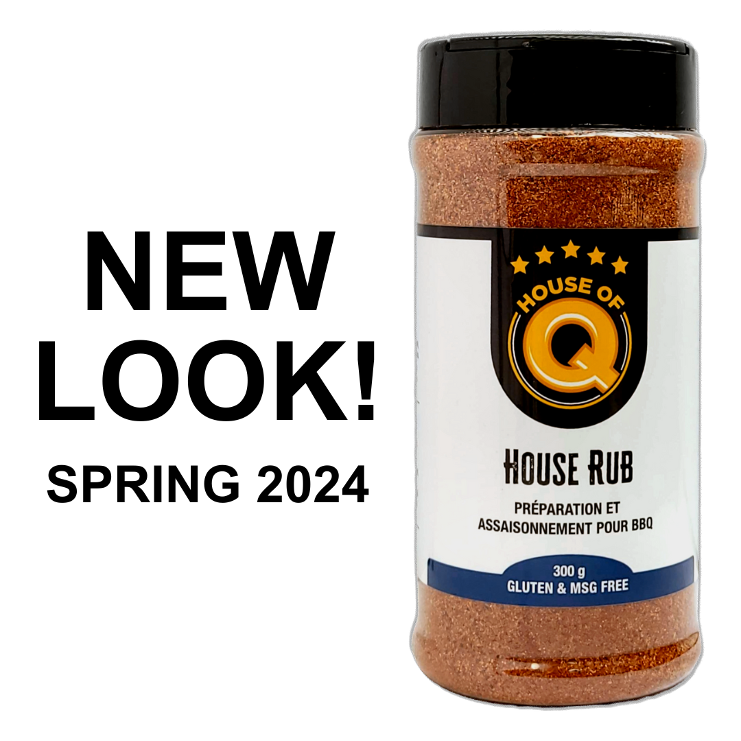 House of Q barbecue rub seasoning bottle with new packaging, spring 2024 announcement.