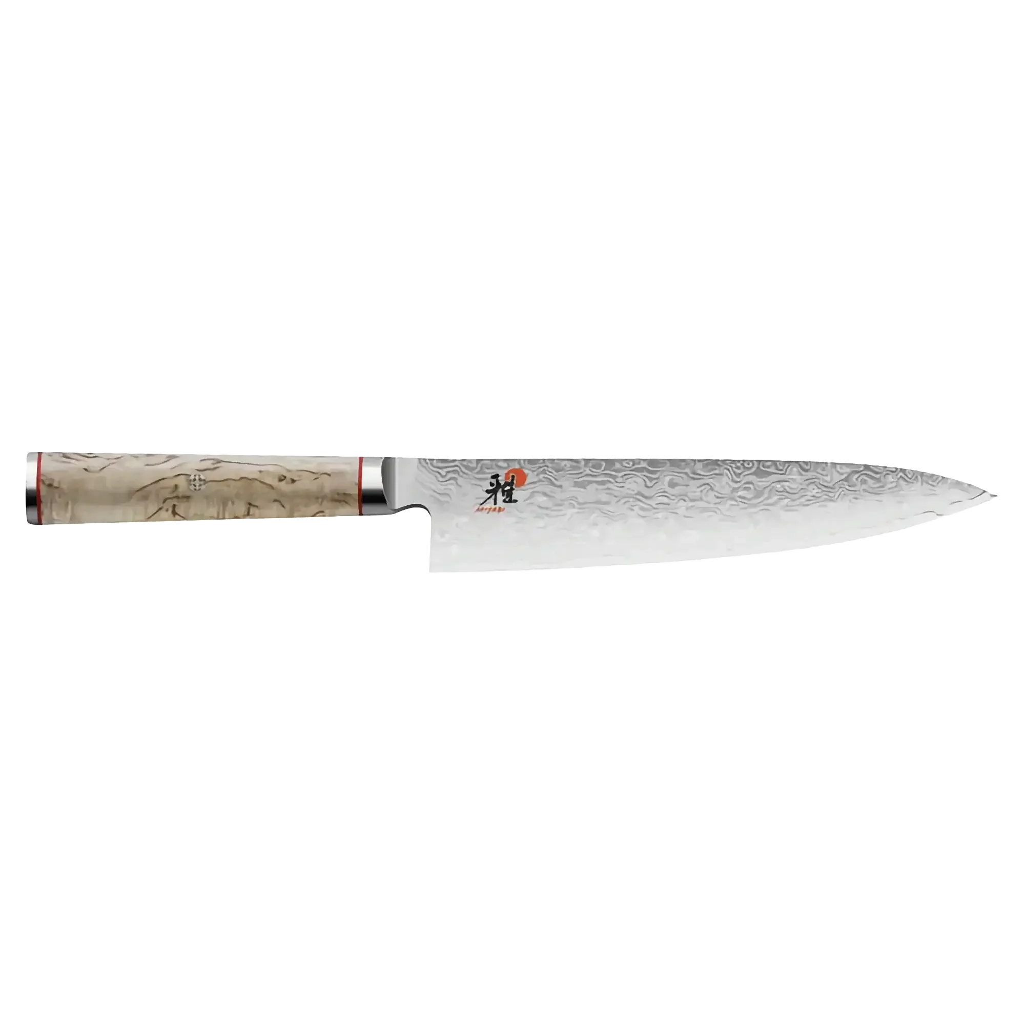 Damascus steel chef knife with patterned blade and light wood handle on white background