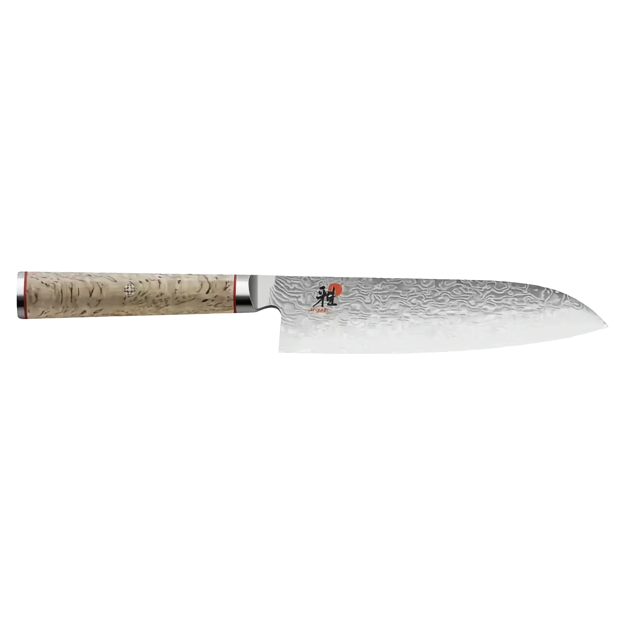 Damascus steel chef knife with patterned blade and light wood handle