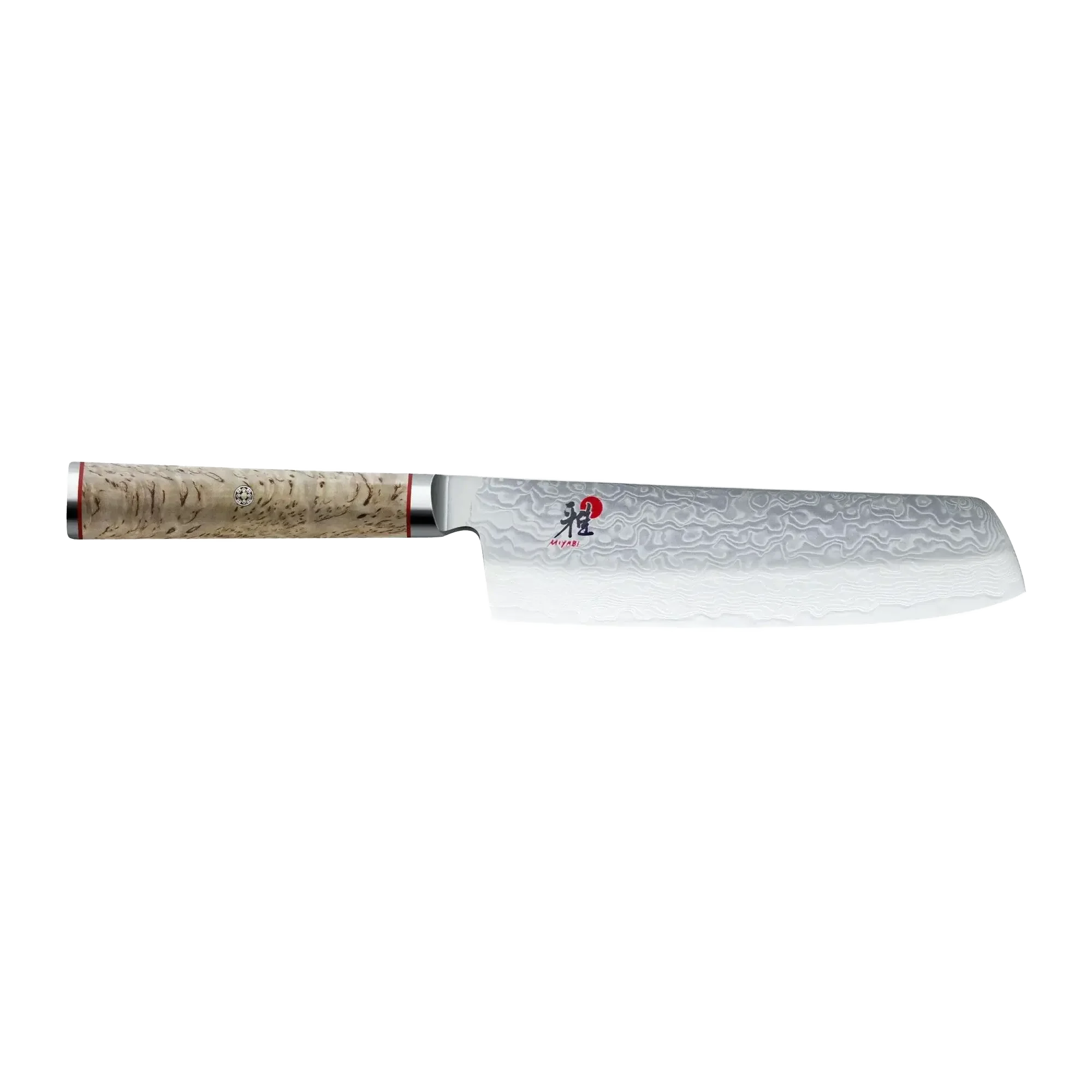 Damascus steel Japanese kitchen knife with a patterned blade and light wood handle