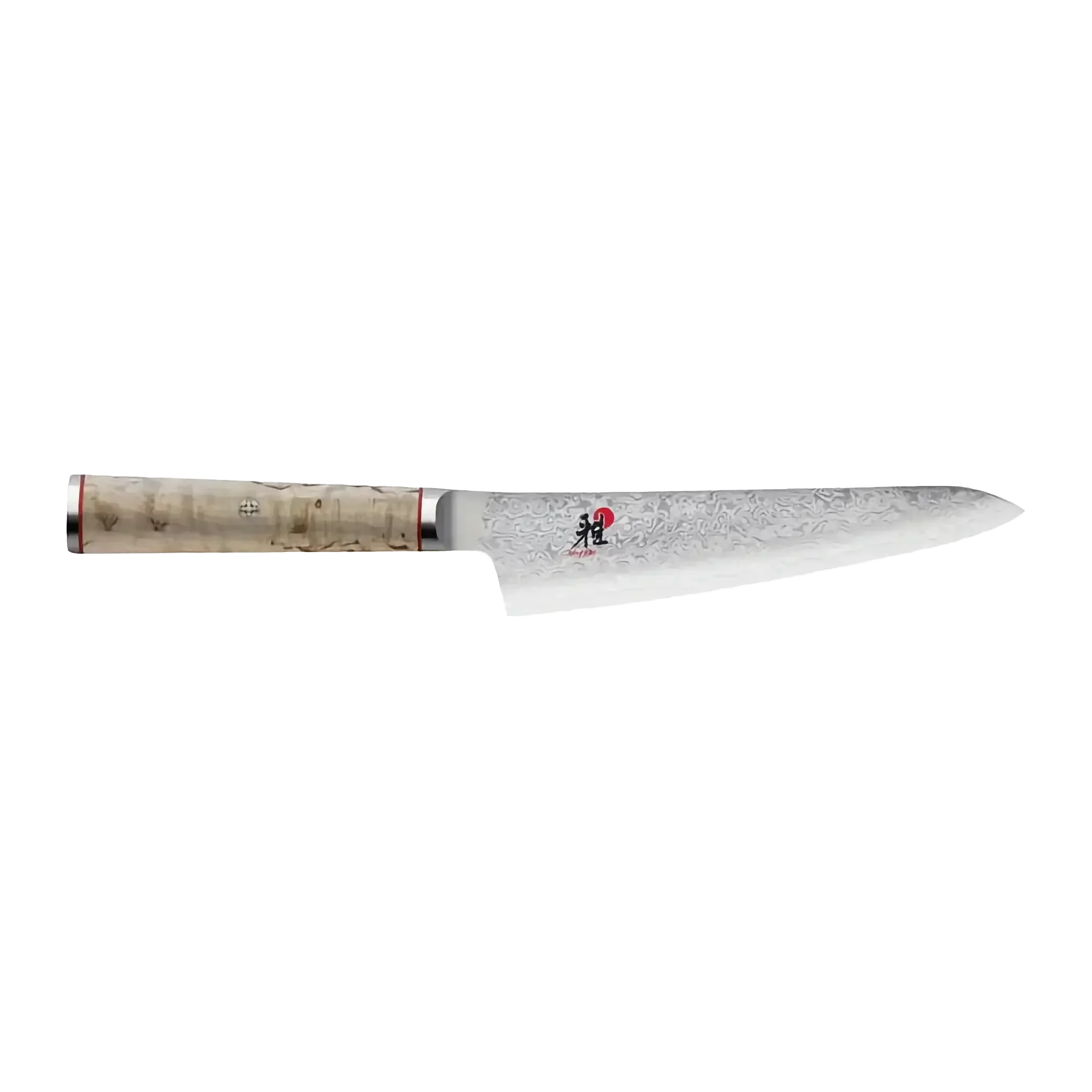 Damascus steel chef knife with patterned blade and light wood handle on white background