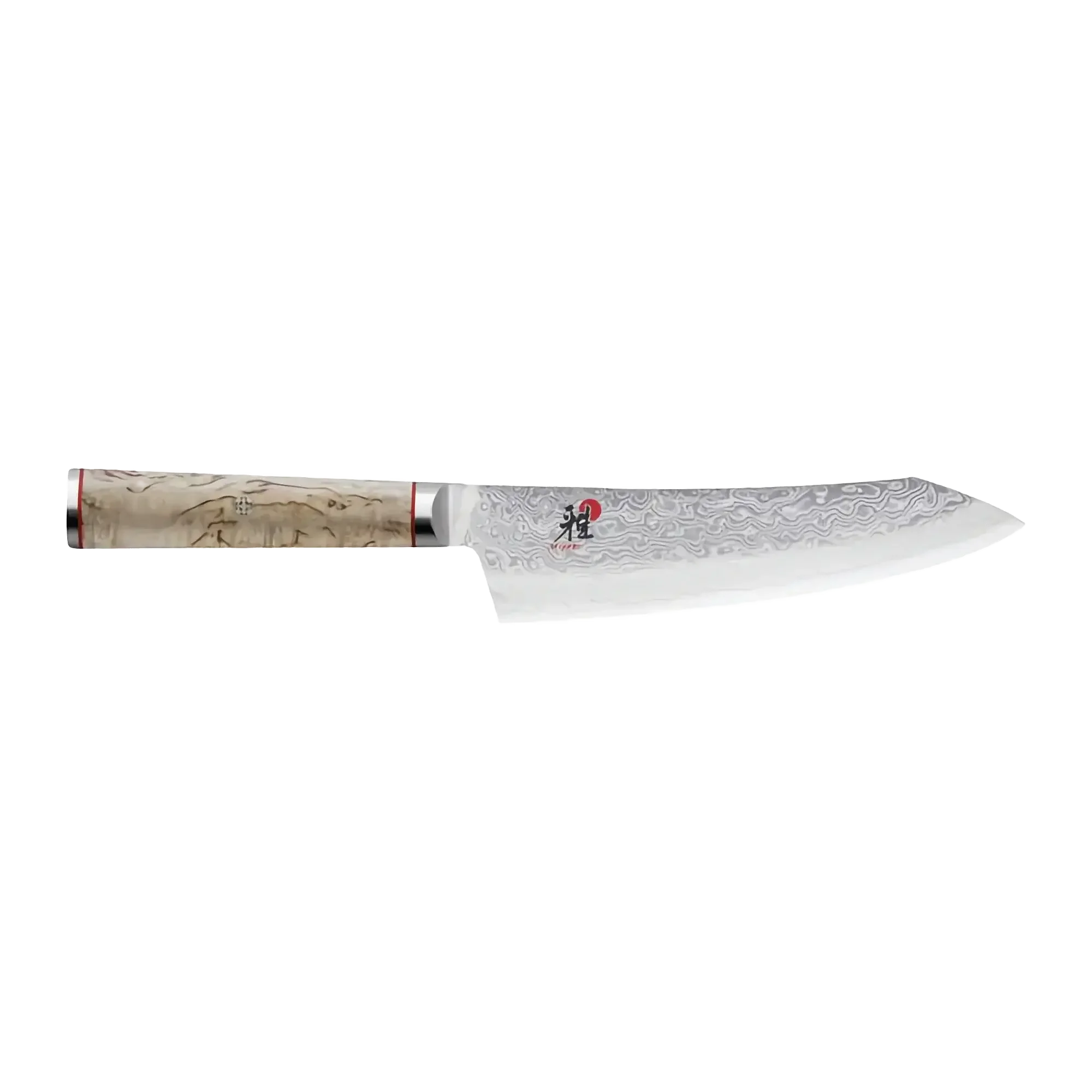 Damascus steel chef knife with patterned blade and light wood handle on black background