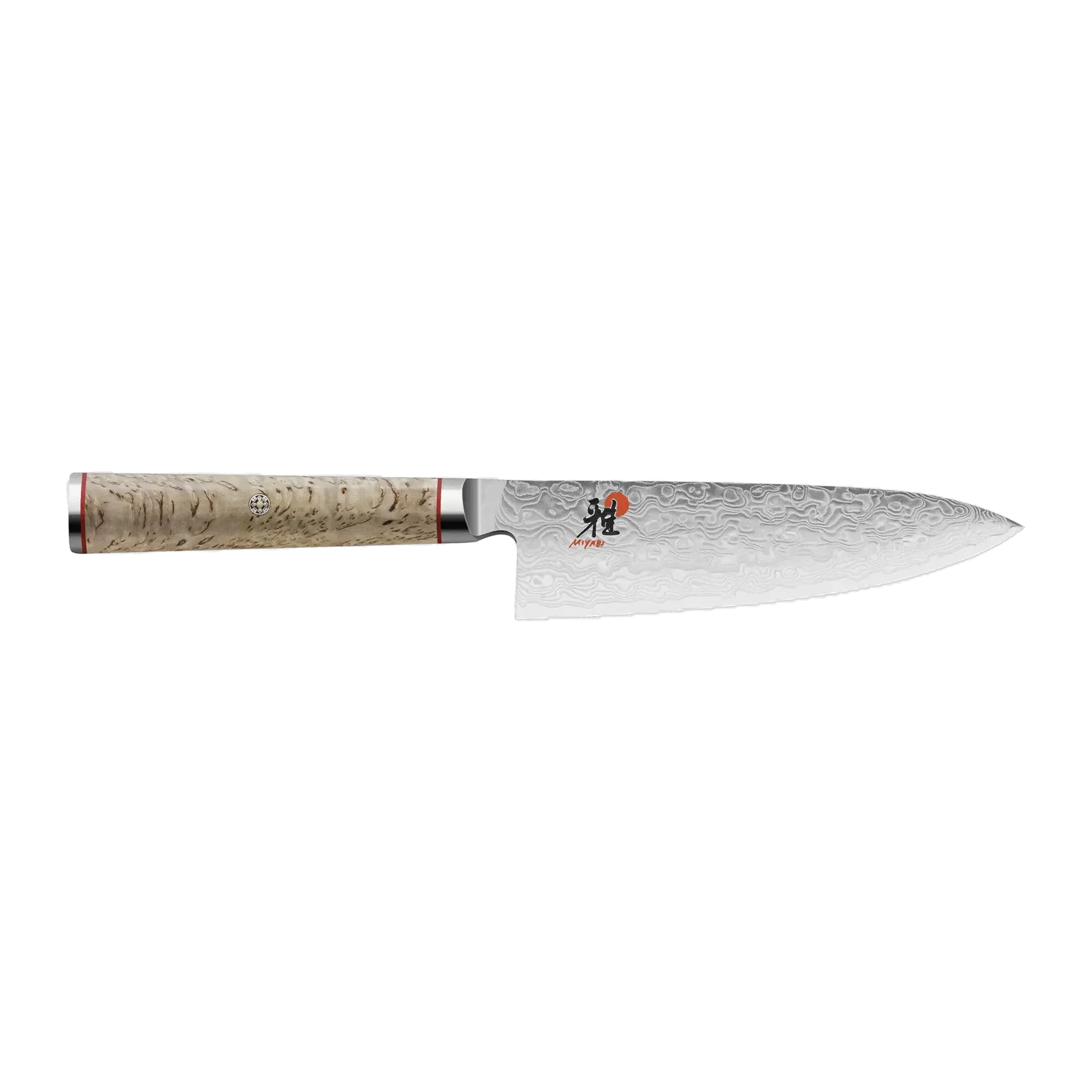 Damascus steel chef knife with a patterned blade and light wood handle