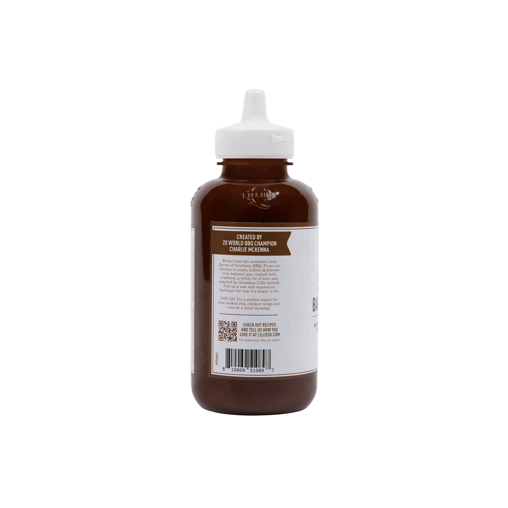 Back of brown plastic BBQ sauce bottle with white cap and product label