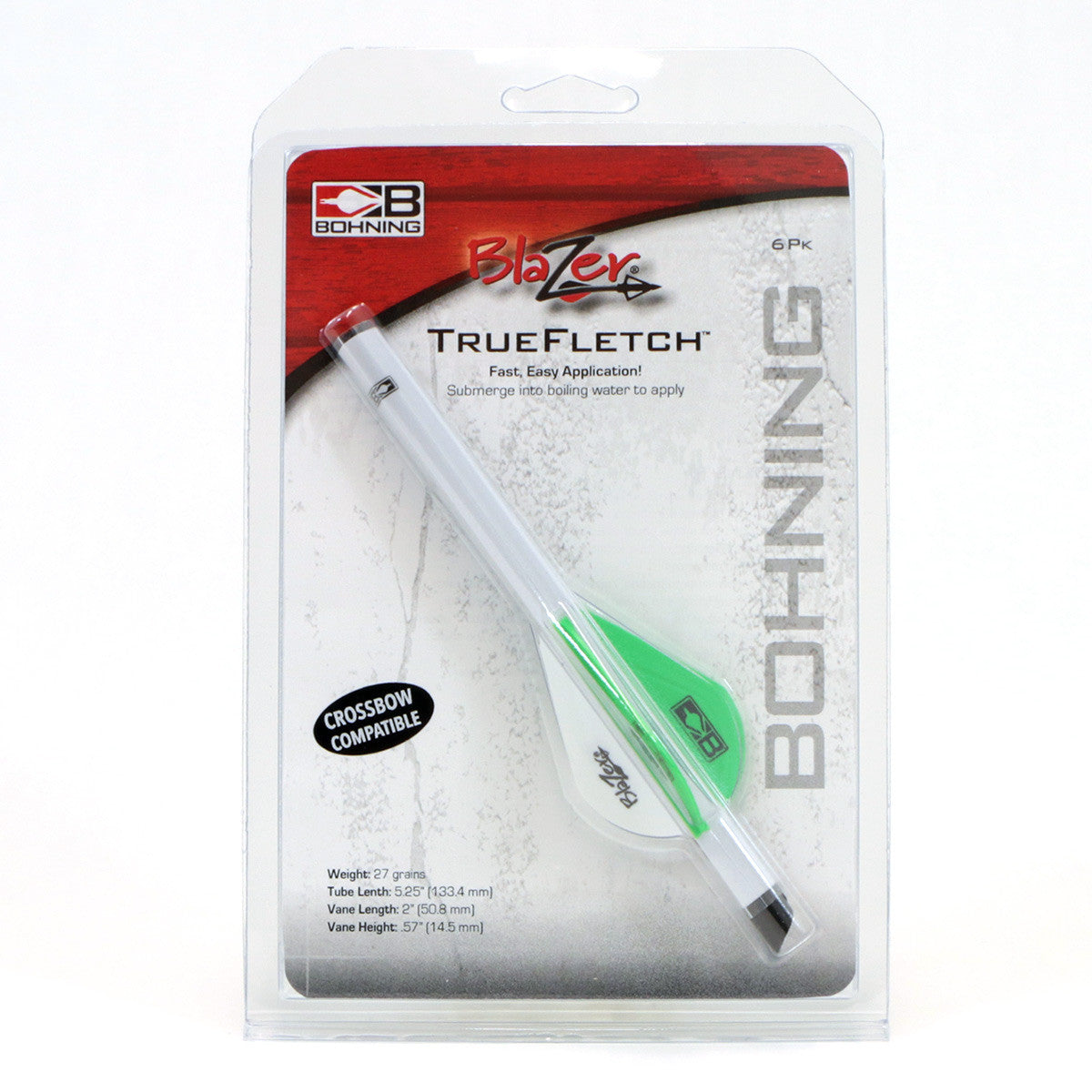 Bohning Blazer TrueFletch crossbow arrow fletching kit with green and white vanes in packaging