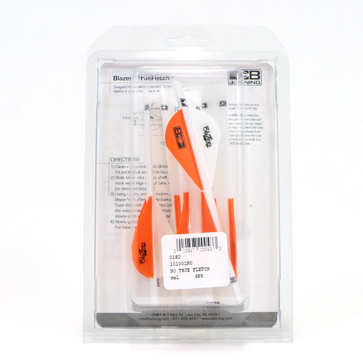 Pack of six orange and white arrow fletching vanes for archery in clear plastic packaging