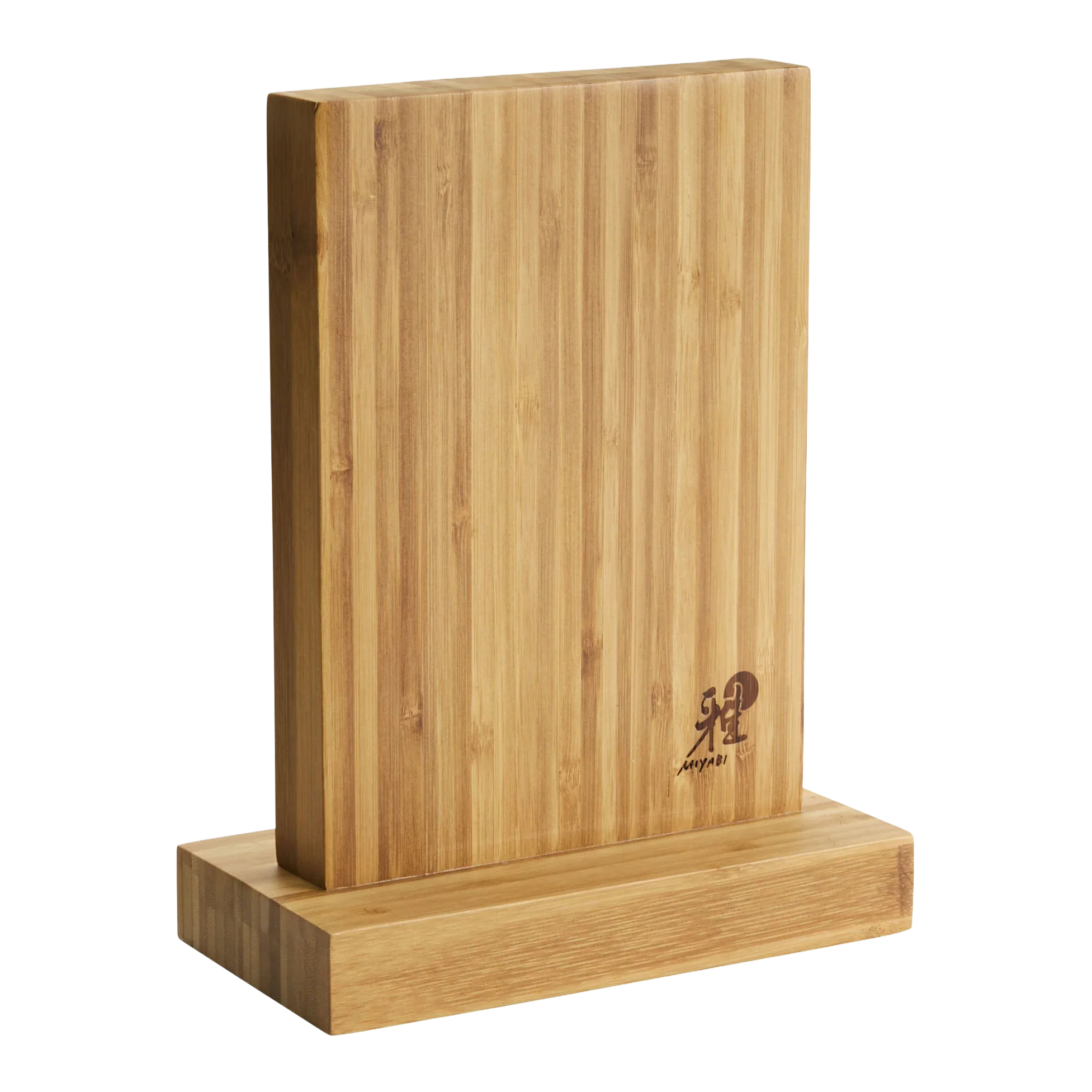 Magnetic bamboo knife block with natural wood grain, standing on a rectangular base