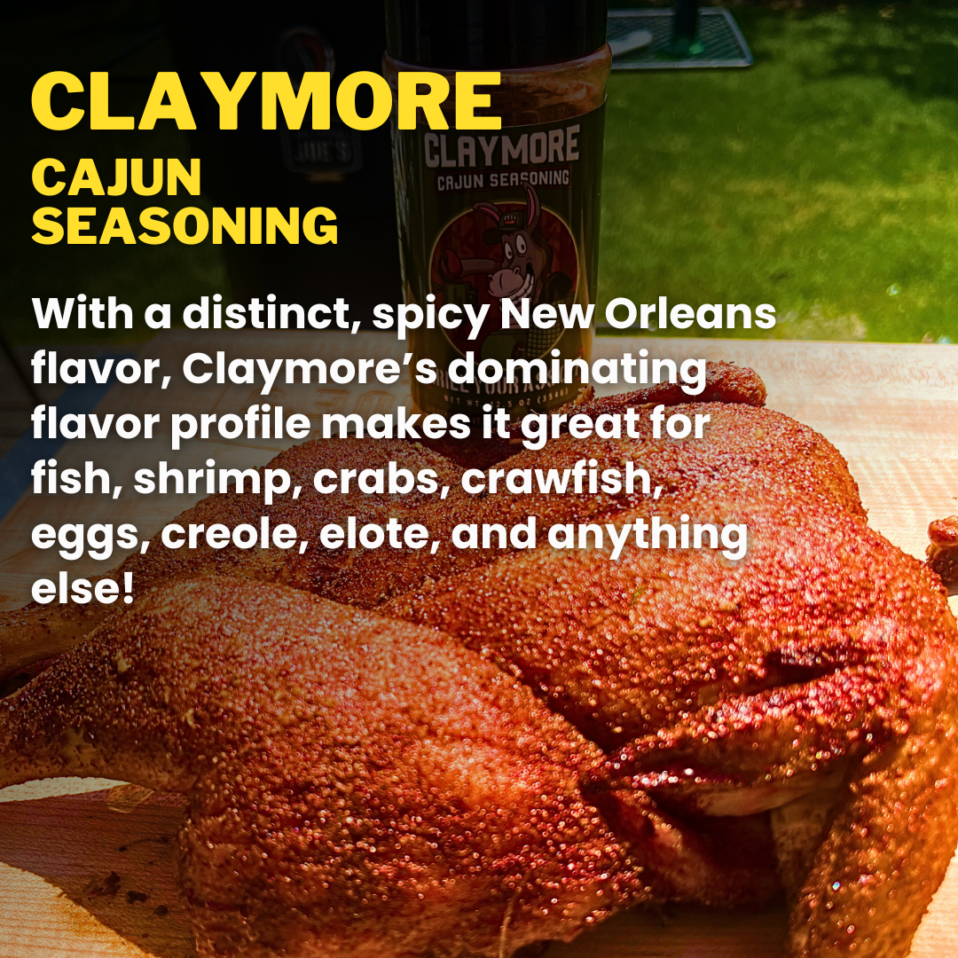Claymore Cajun seasoning bottle with spiced whole grilled chicken outdoors