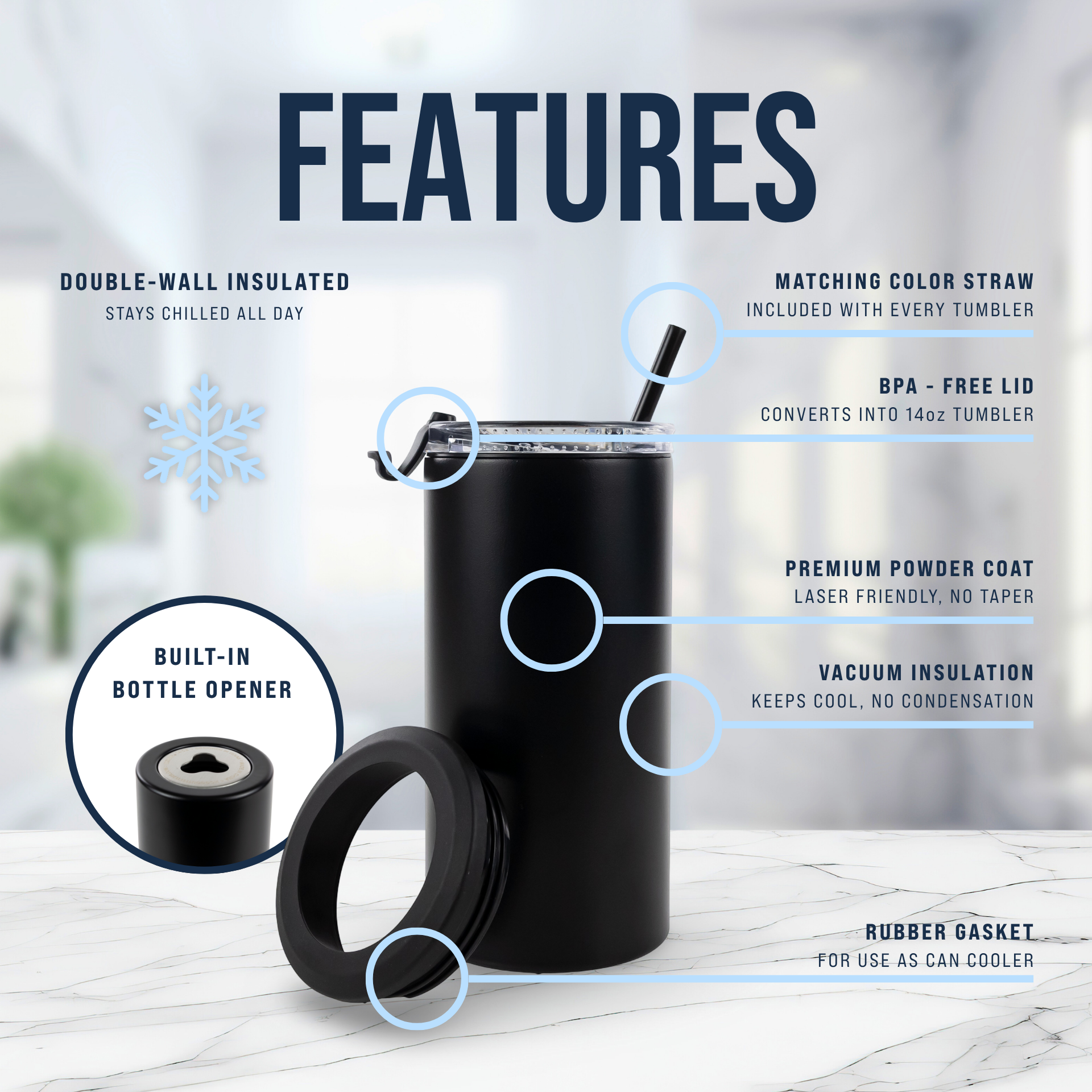 Black insulated tumbler with straw, bottle opener, BPA-free lid, and vacuum insulation features.