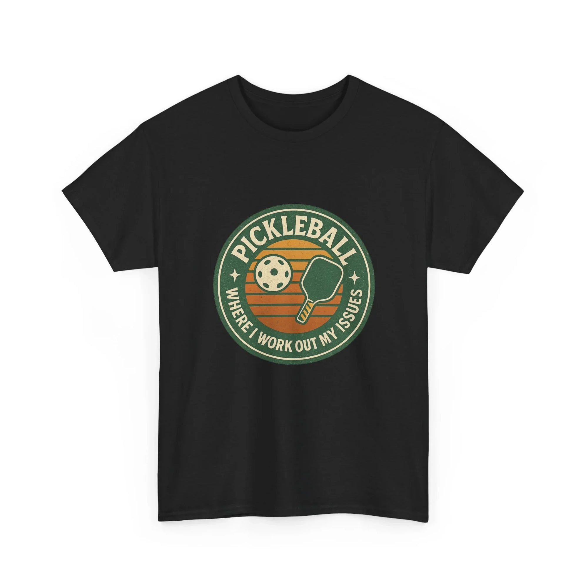 Black pickleball t-shirt with retro paddle and ball graphic, text reads 'Pickleball Where I Work Out My Issues'.