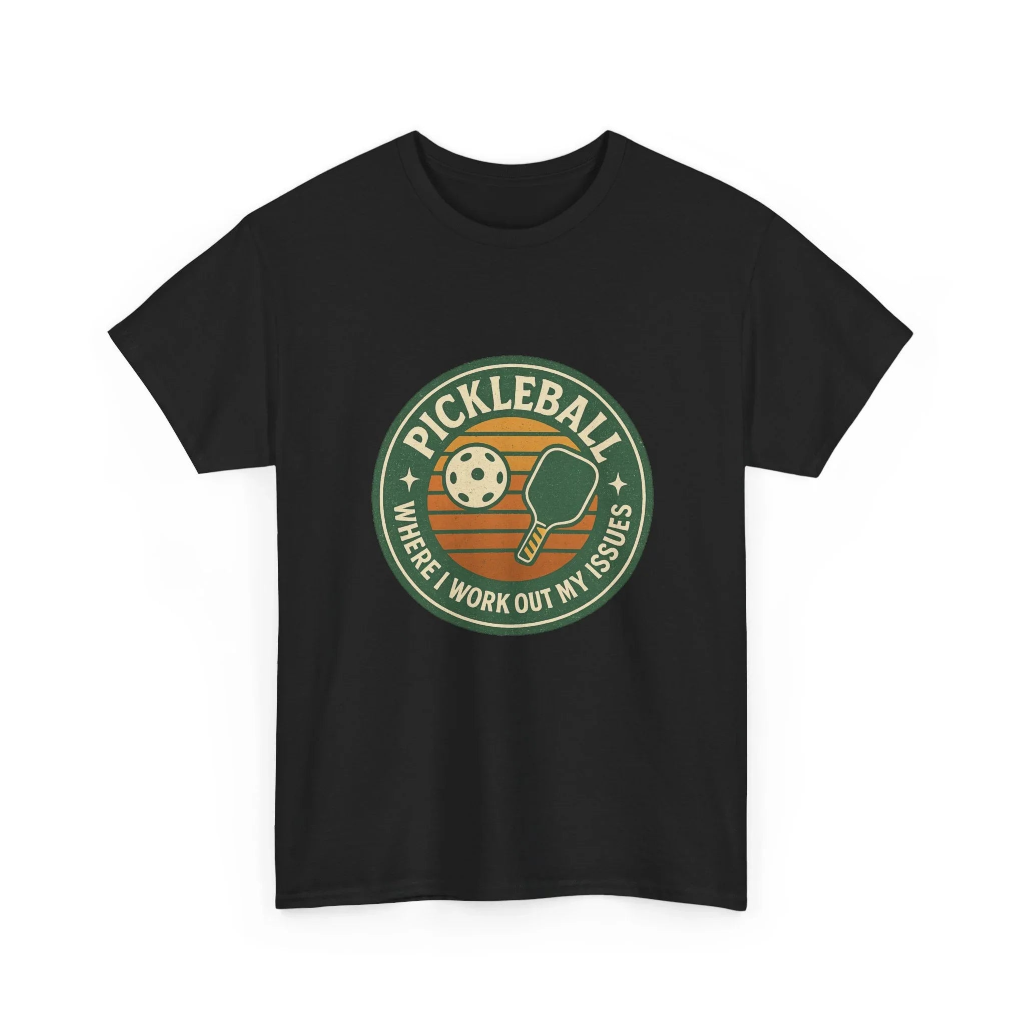 Black pickleball t-shirt with retro paddle and ball graphic, text reads 'Pickleball Where I Work Out My Issues'.