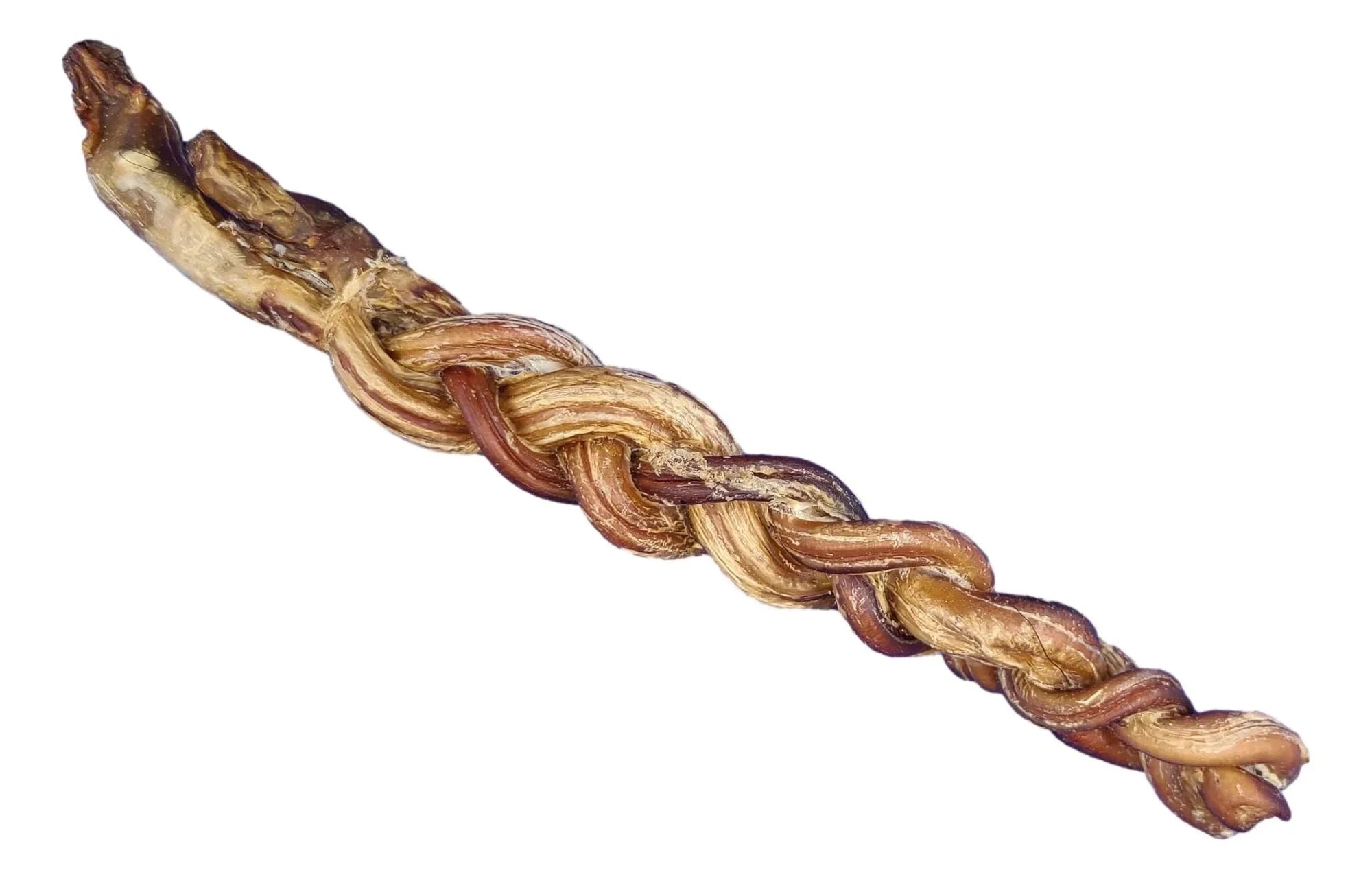 Braided lamb pizzle stick dog chew treat on white background
