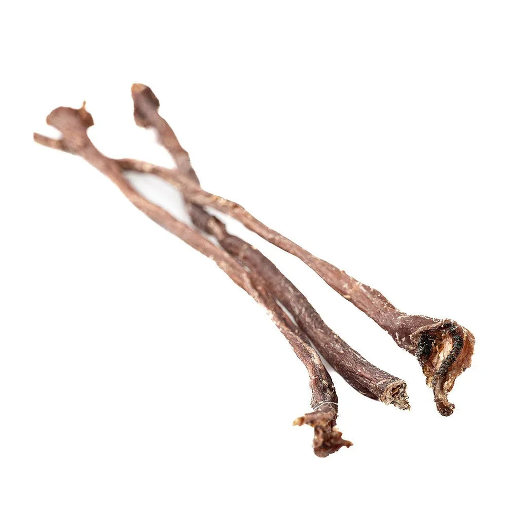 Dried lamb gullet stick dog chews on white background
