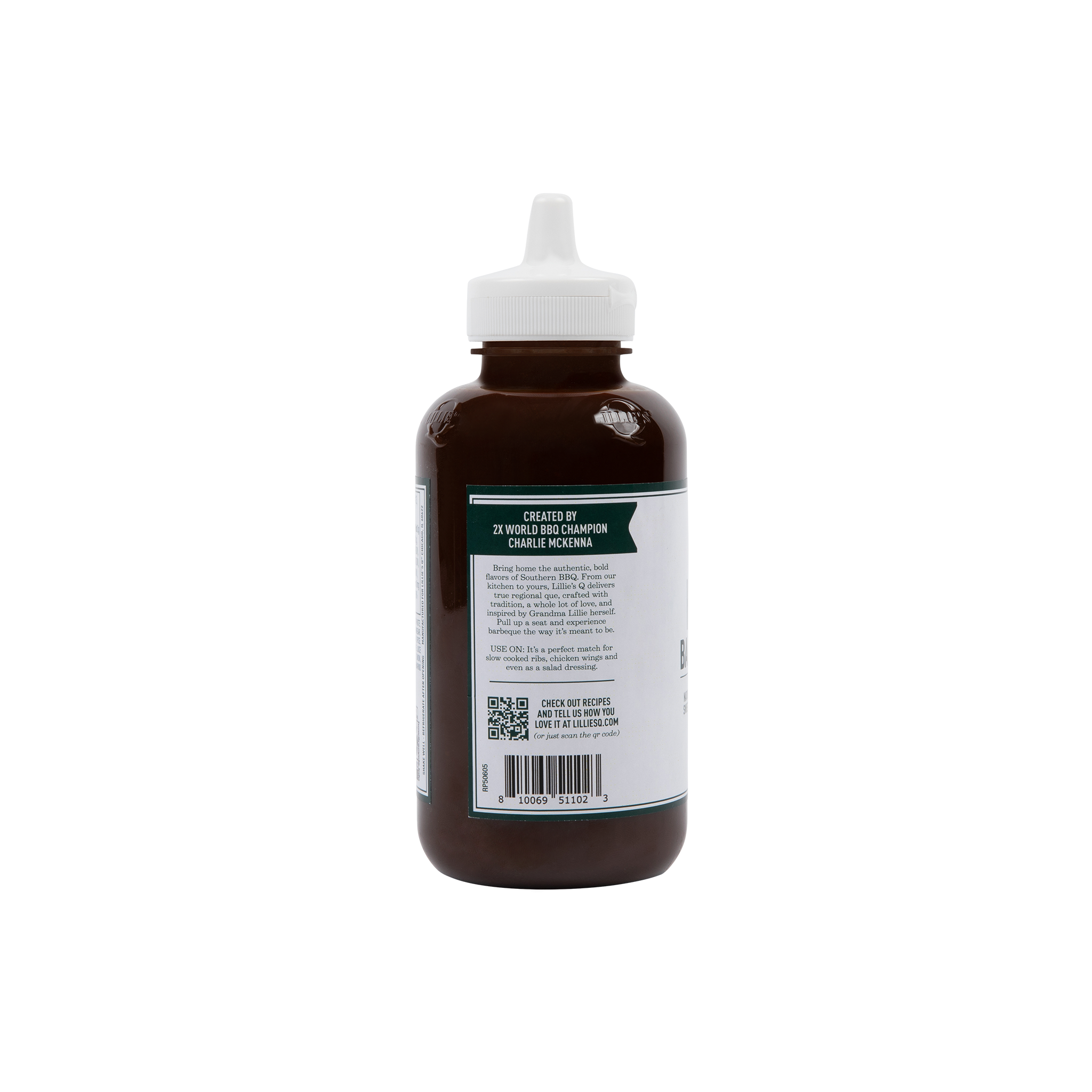 Back of brown plastic squeeze bottle with white cap and label, camping gear product