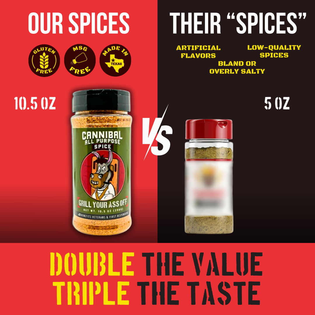 Comparison of Cannibal all purpose spice bottle against generic spice, highlighting gluten free, MSG free, made in Texas, and larger 10.5 oz size.