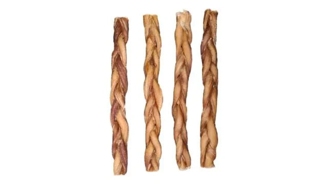 Four braided bully sticks for dogs on a white background
