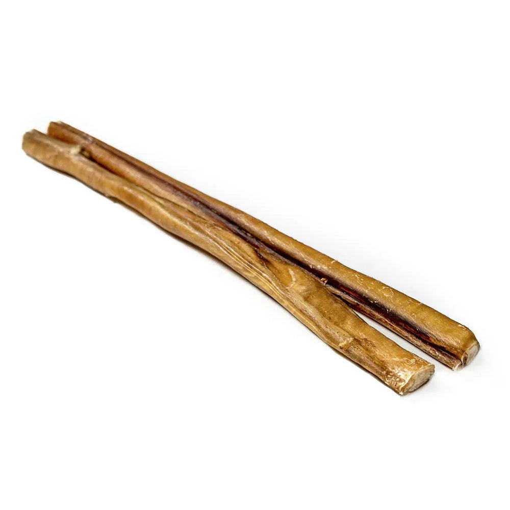 Two jumbo bully sticks for dogs on a white background