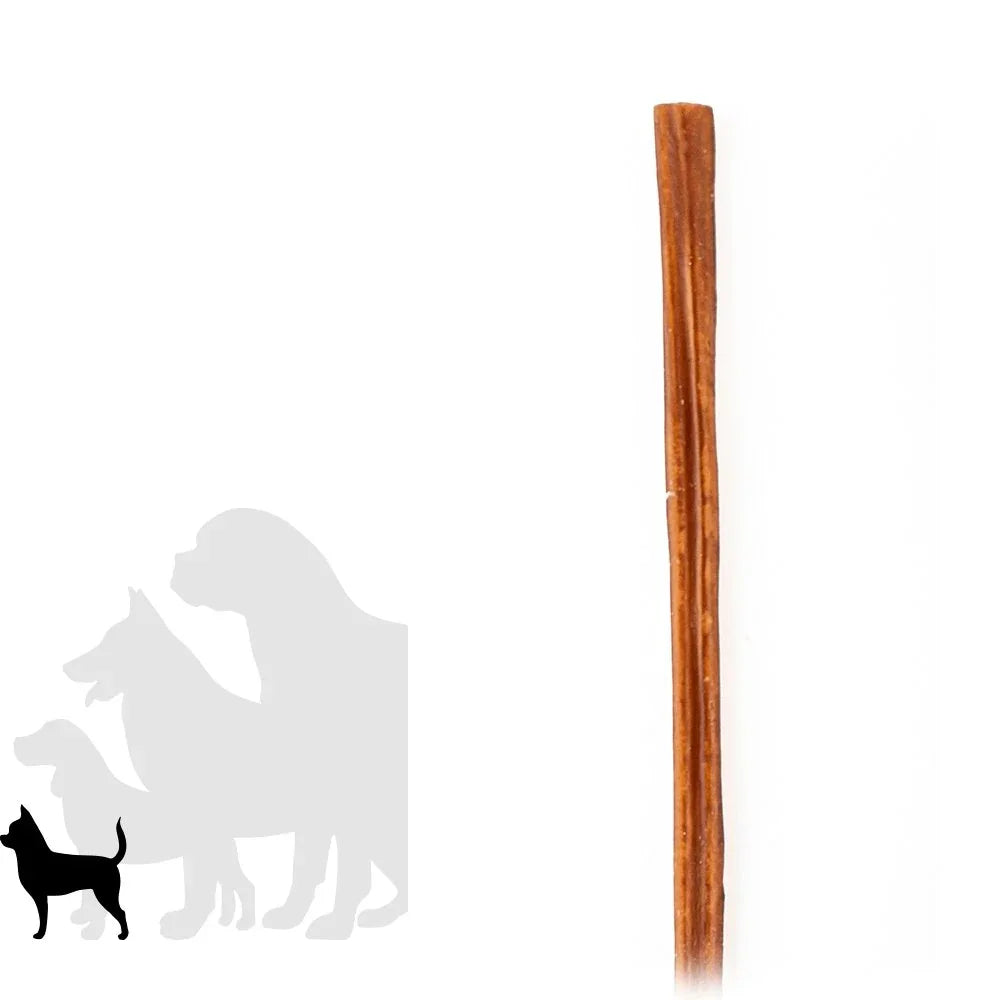 Thin bully stick dog chew treat on white background with small dog size icon