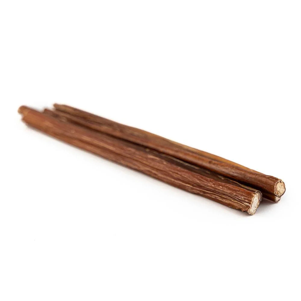 Three thin bully sticks dog chews on white background
