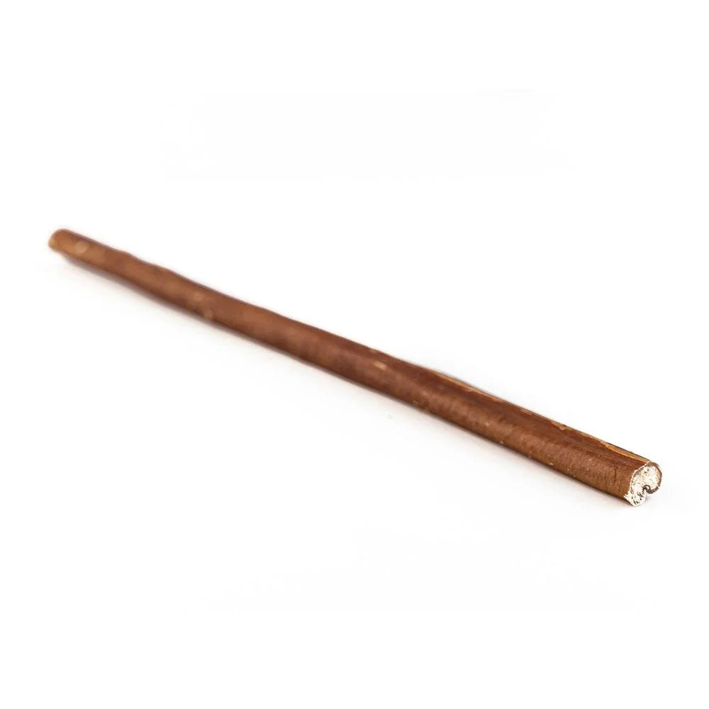 Thin bully stick dog chew on a plain white background