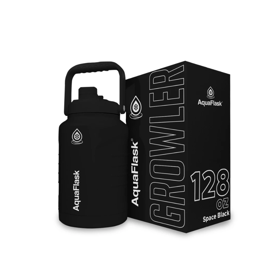 Black 128oz insulated water growler with handle, next to matching AquaFlask box