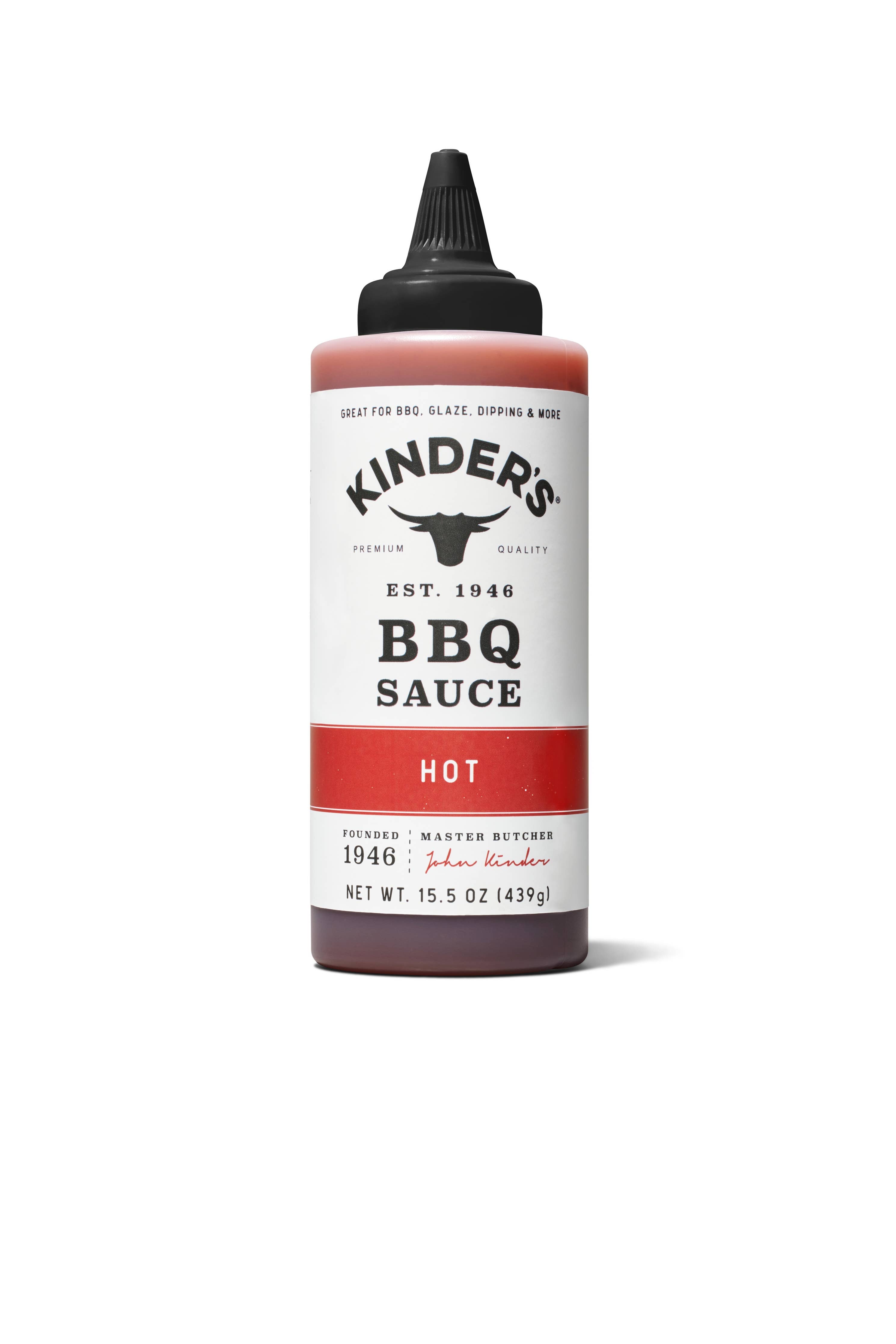 Kinder's hot BBQ sauce bottle with black cap and white-red label for grilling or camping