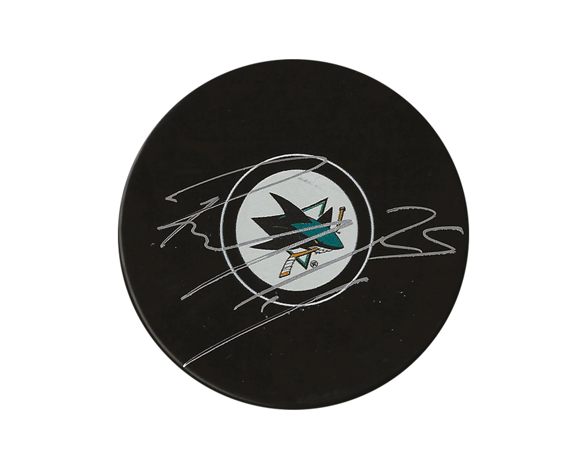 San Jose Sharks hockey puck with silver autograph, white and teal shark logo