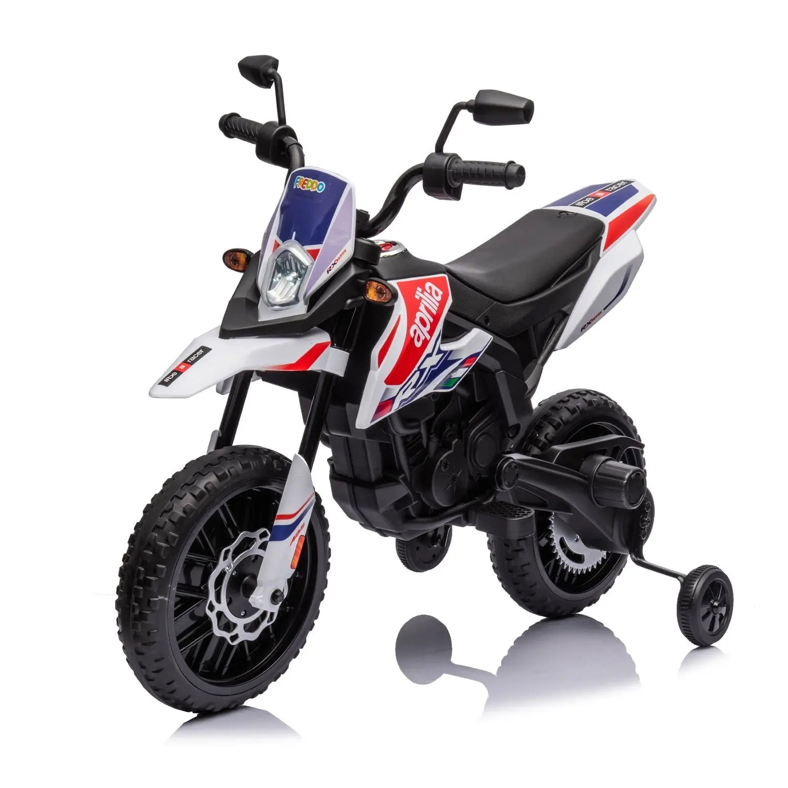 Electric ride-on motorcycle for kids, white with red and blue, training wheels included