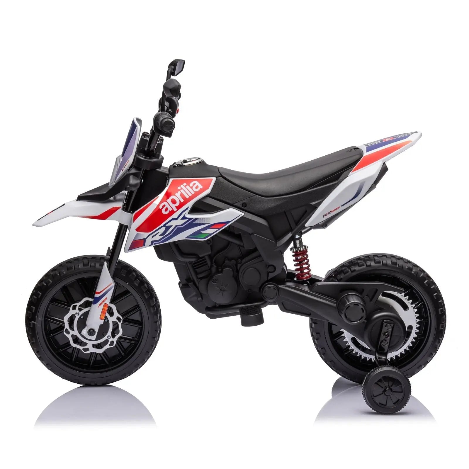 12V Aprilia kids ride-on motorcycle, one seater, training wheels, red and white design