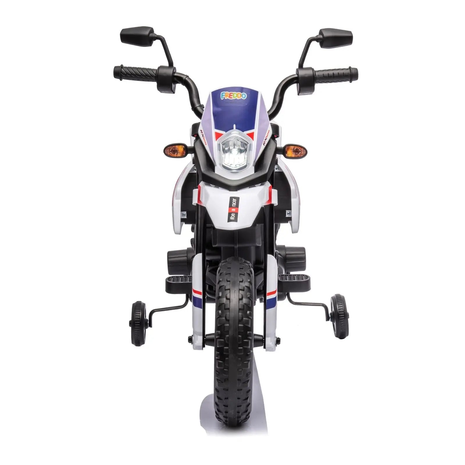 White and blue kids 12V ride-on motorcycle with training wheels, front view