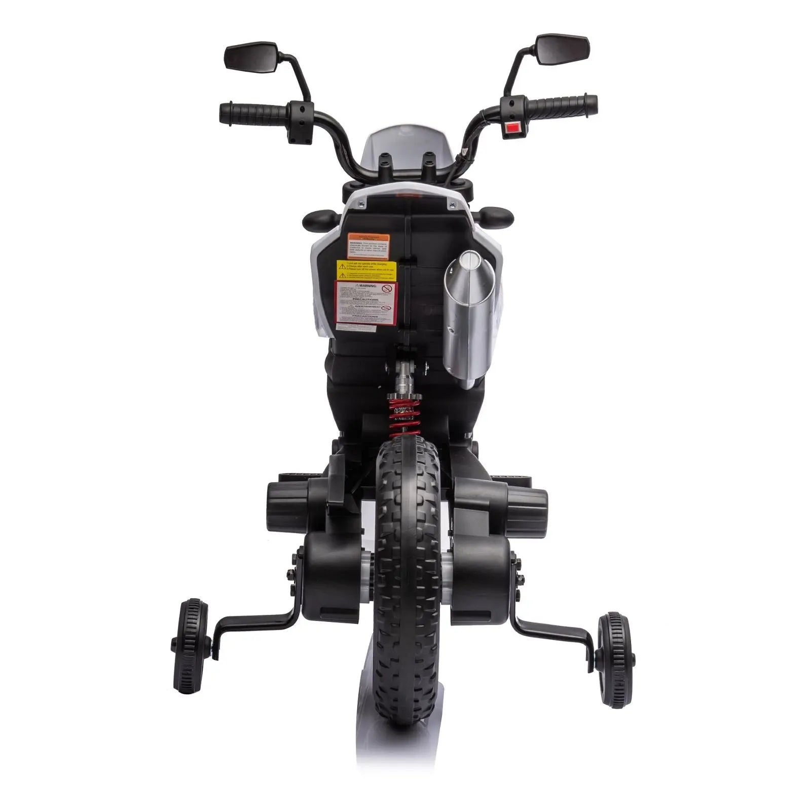 Rear view of a black 12V Aprilia kids ride-on motorcycle with training wheels