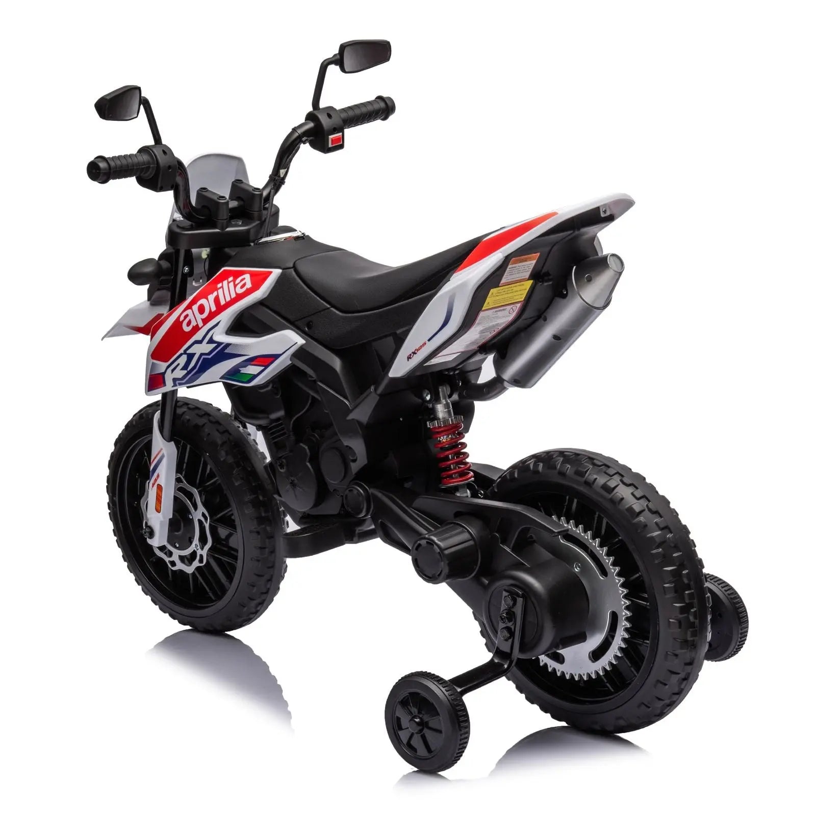 12V Aprilia ride-on kids motorcycle with training wheels, red and white, rear view
