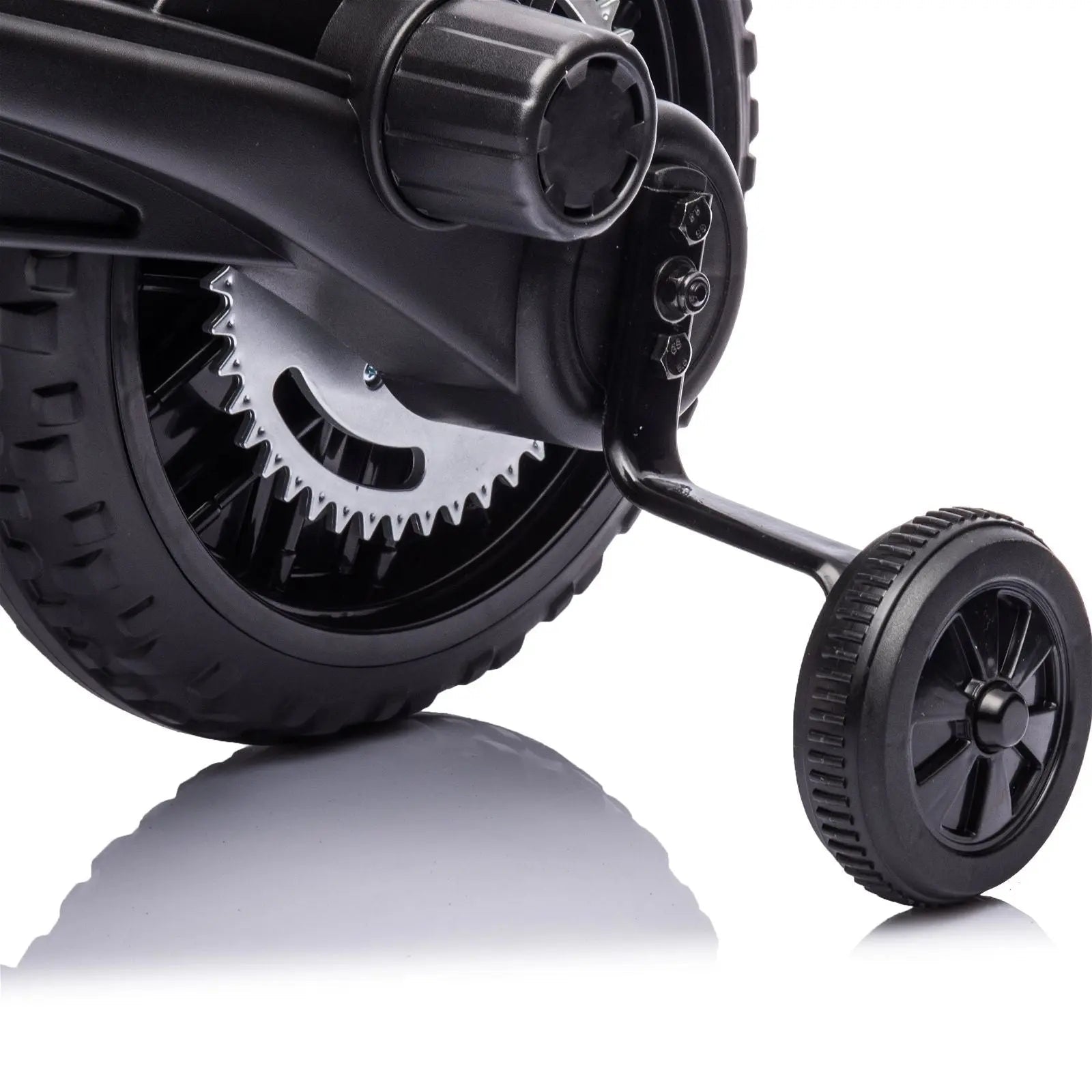 Close-up of rear wheel and training wheel on a kids' electric ride-on motorcycle