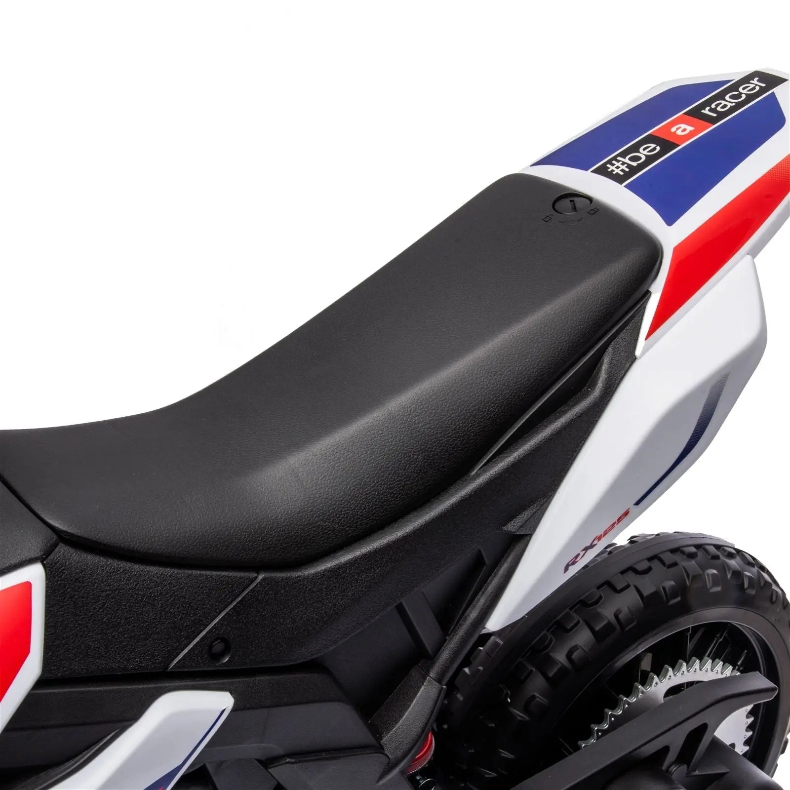 Close-up of black seat and rear tire on kids' electric ride-on motorcycle with colorful decals