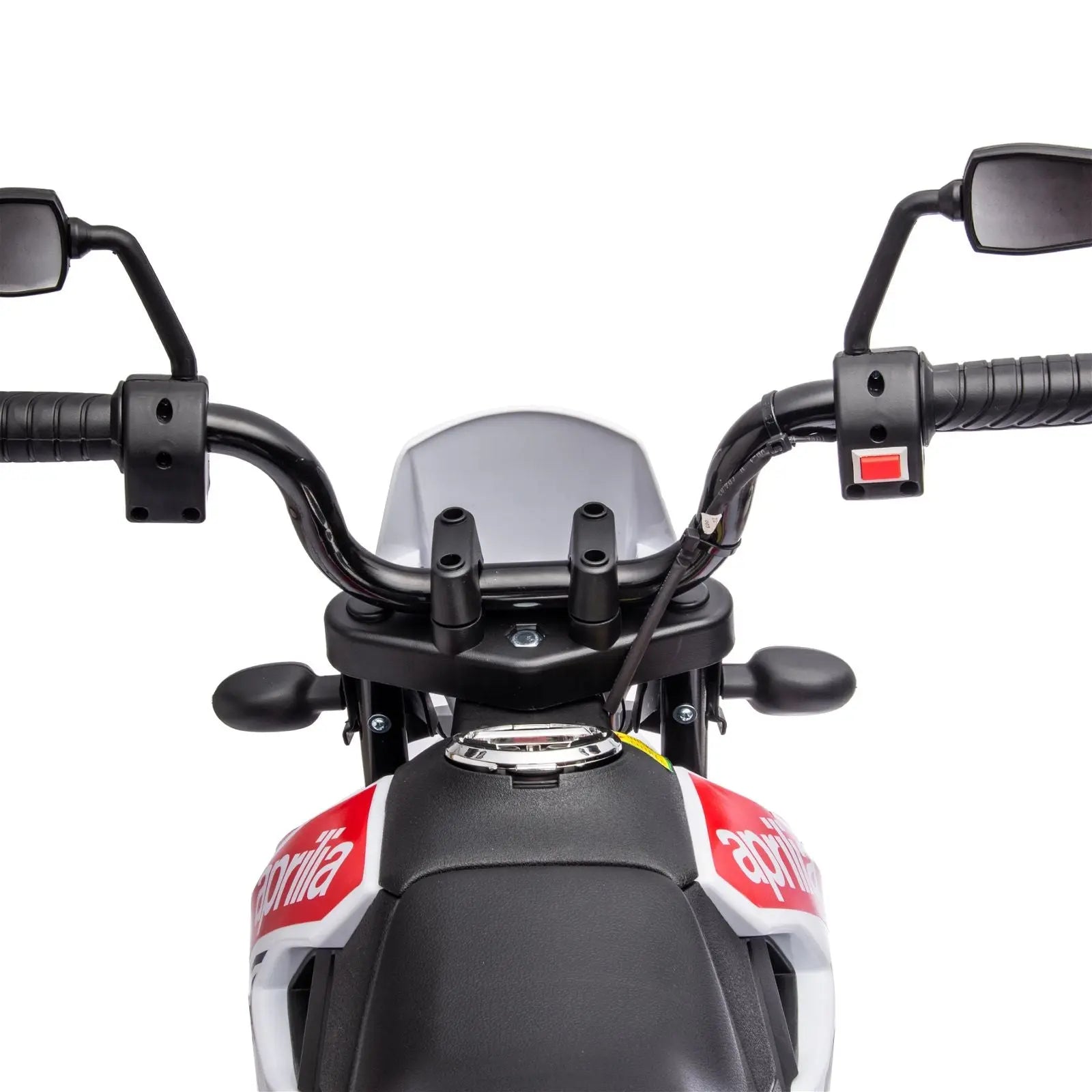Front view of 12V kids ride on toy motorcycle with handlebars and mirrors