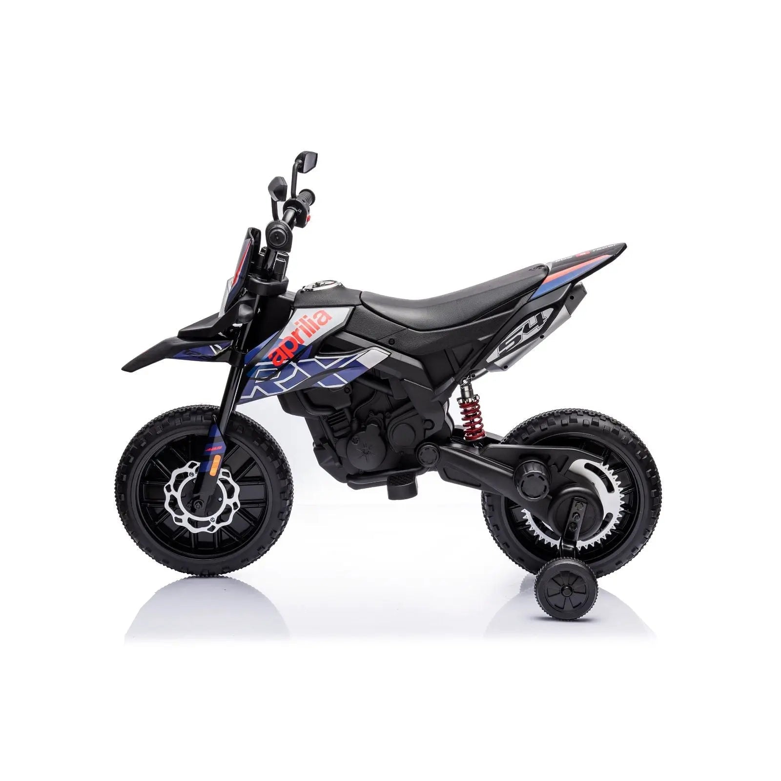 Black and blue 12V Aprilia kids ride on motorcycle with training wheels on white background