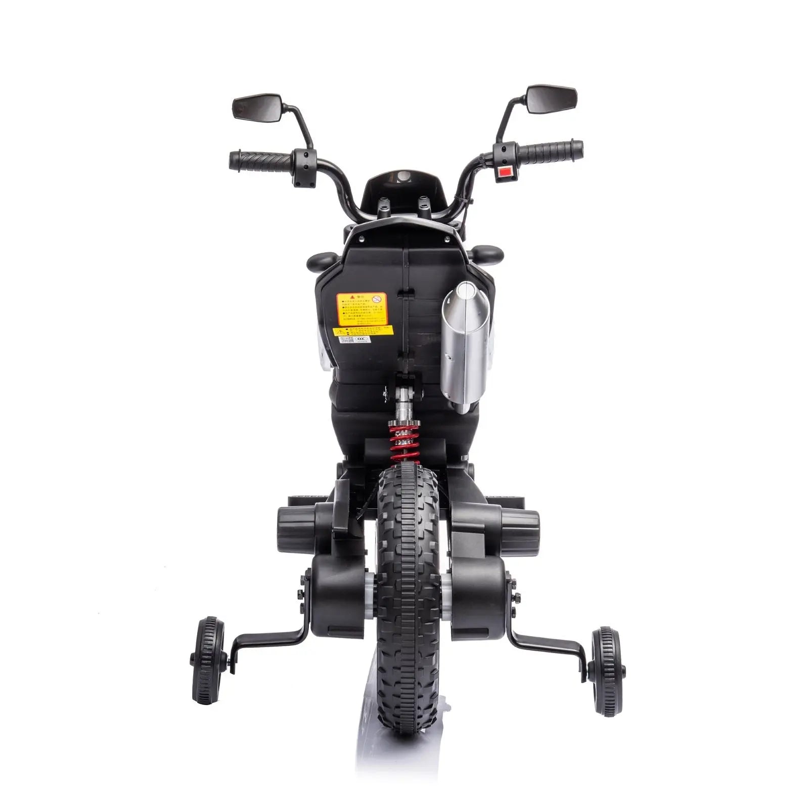 Rear view of a black 12V kids ride-on motorcycle with training wheels on white background