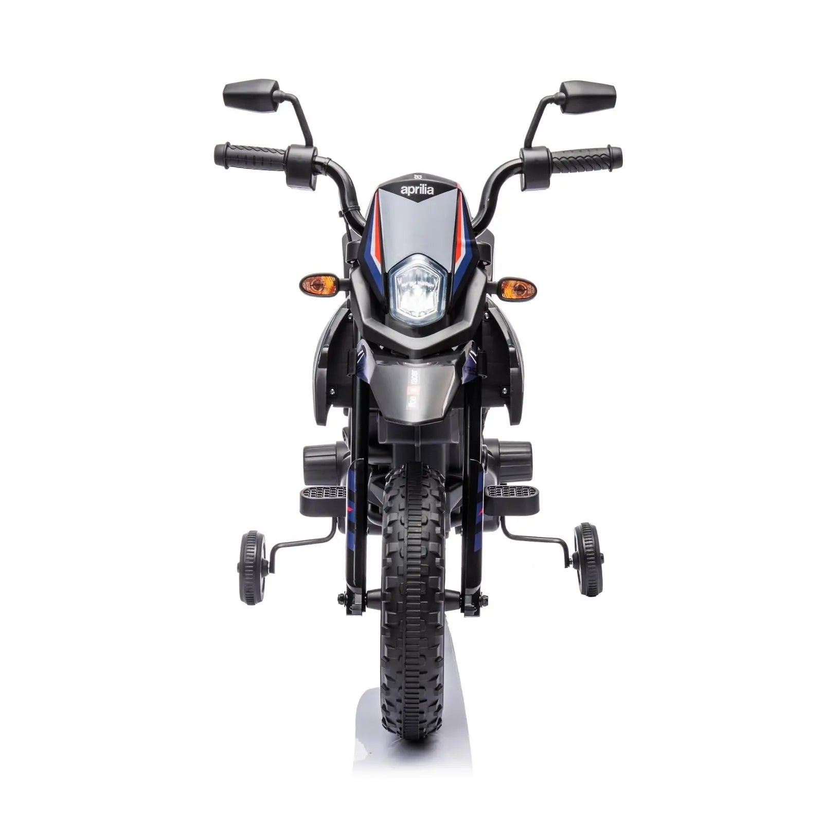 Black 12V Aprilia kids ride-on motorcycle with training wheels, front view