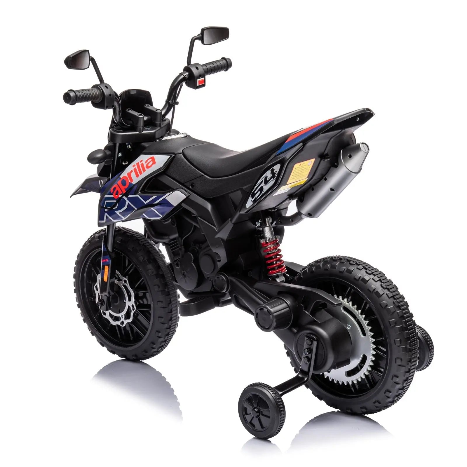 12V Aprilia one-seater kids ride-on motorcycle with training wheels, black and blue